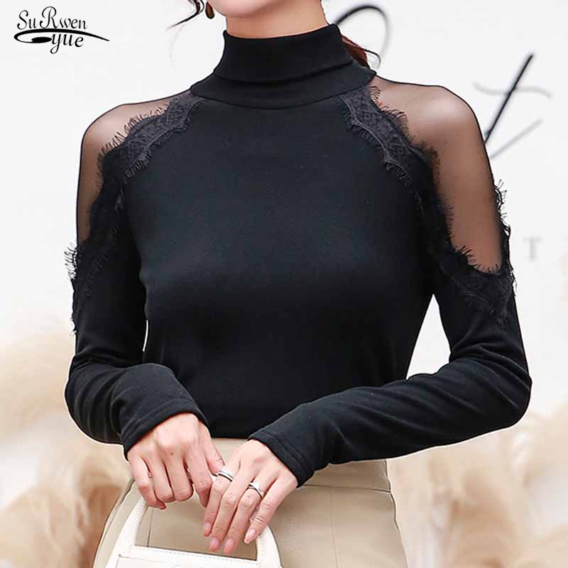 

Autumn Long Sleeve Lace Blouse Women Spring Fashion Solid Casual Office Lady Turtleneck Slim Shirts 11093 210521, Black