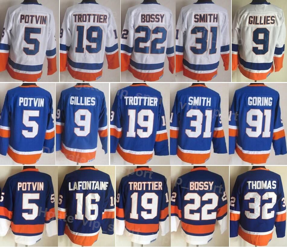 

Men Ice Hockey Vintage Retro 19 Bryan Trottier Jersey 31 Billy Smith 32 Steve Thomas John Tavares 91 Butch Goring 22 Mike Bossy 5 Denis Potvin 9 Clark Gillies DaoMin, 19 white