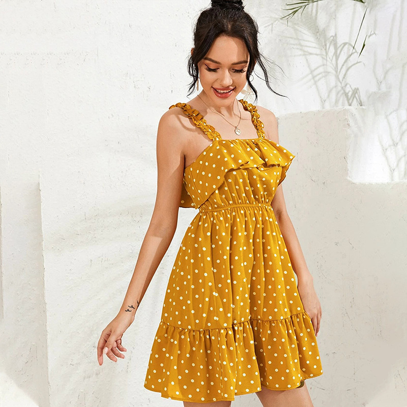 

Summer Vacation Style Ladies Sleeveless Spaghetti Strap Dot Short Women 2021 New Ruffles Slash Neck Above Knee Mini Dress, Yellow