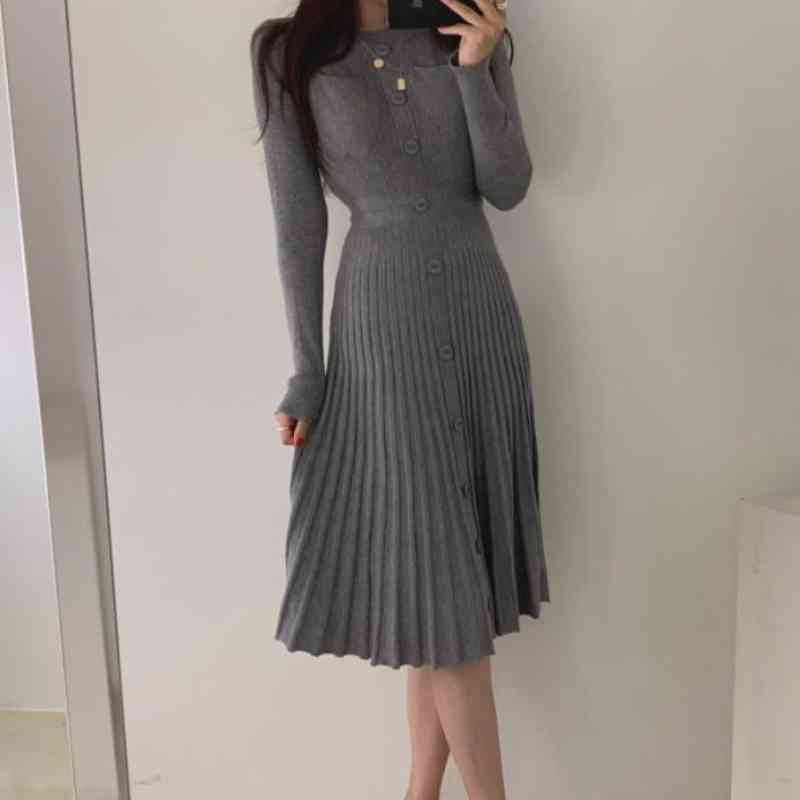 

Gentle Elegant Knitting Dress Woman Spring Korean Ins O-neck Single Breast Solid Versatile Pleated Slim Dress, Black;gray