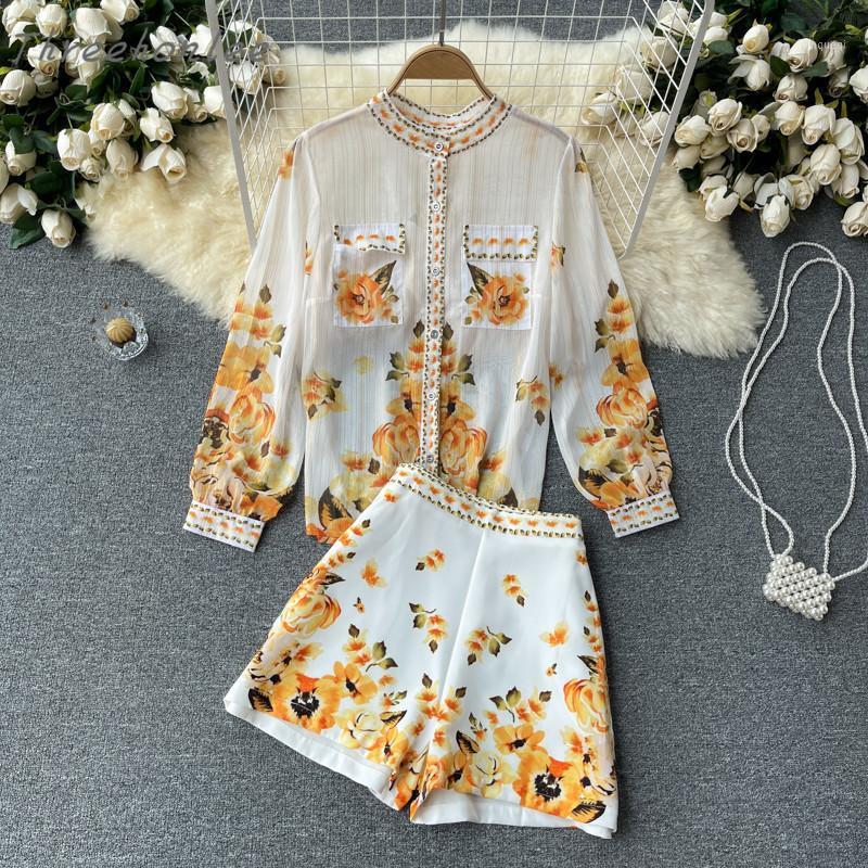 

Women's Tracksuits 2021 Summer Chic Casual Fashion Woman Two Piece Sets Long Sleeve Blouse Shirt And Floral Print Shorts Female Elegant Suit