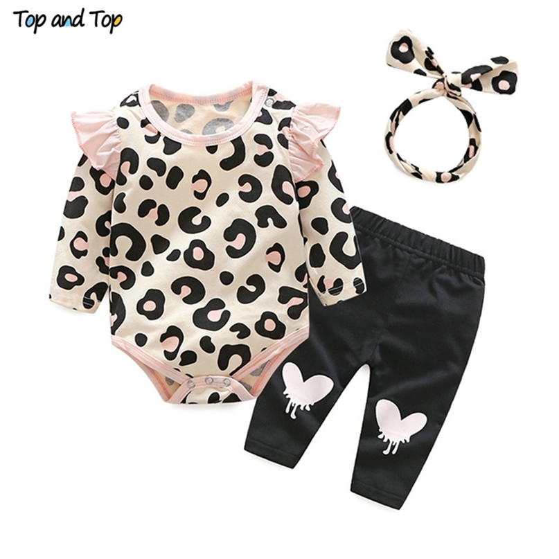 

Top and Baby Girls Clothes Set Autumn born Girl Clothing Leopard Print Rompers Headband Pants 3PCS Outfits 210831, Silver