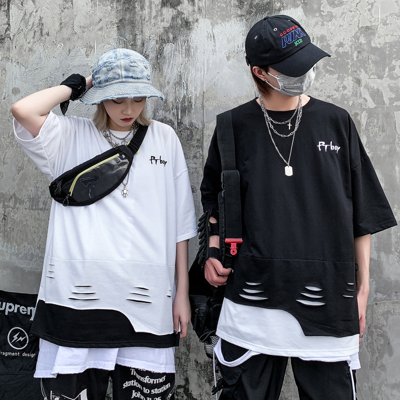 

t shirt cut and tear half sleeve trendy men's summer couple stitching fake two 5-sleeve tee women's, White;black