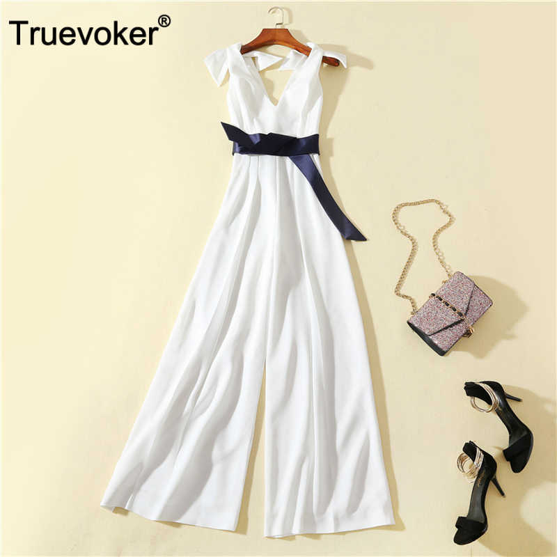 

Truevoker European Runway Designer Jumpsuit Women' High Quality Bow Shoulder V-neck Pure White Tied Waist Brife Long Overall 210602, Black