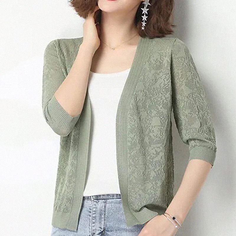 

women's Shrug Knitted Pure Color Stylish Elegant Casual Half Sleeve Sweater Cardigans V Neck Spring Summer Green Blue Black a6gZ#