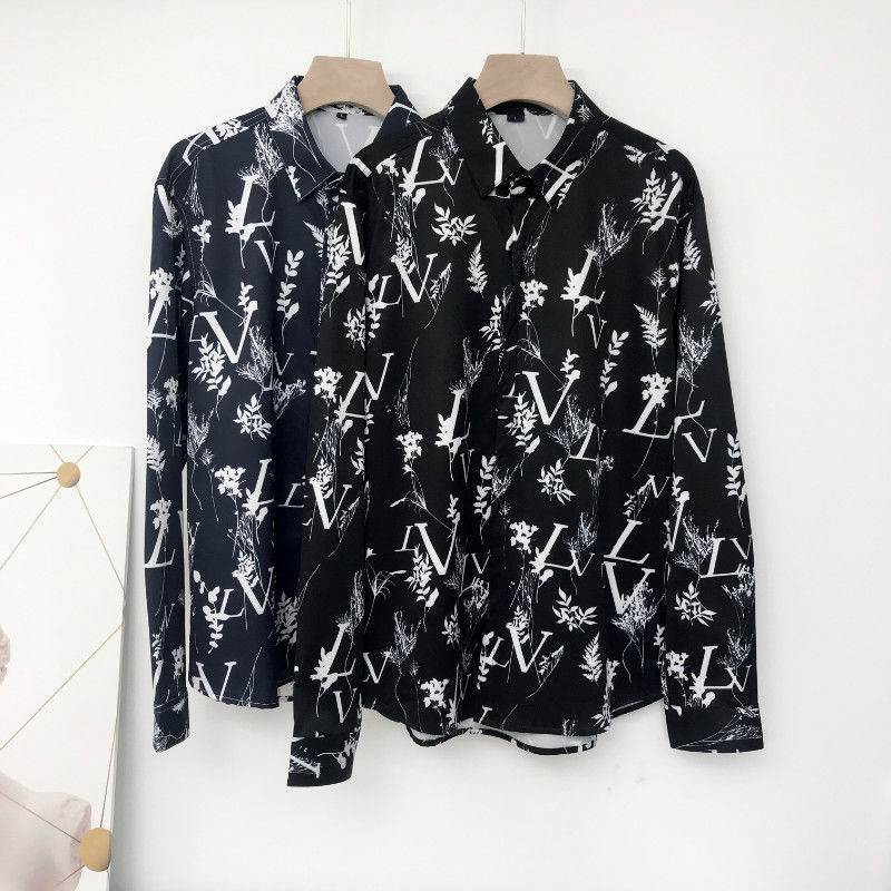 

European star same leaves print wheat square collar casual long sleeve shirt for men's couple[Finished on April 21], White;black