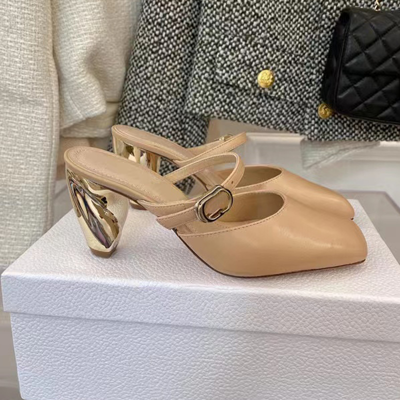 

summer latest fashion shallow mouth square head slippers women's luxury black calfskin metal thick heel Baotou Half slippers high-heeled designer factory shoes