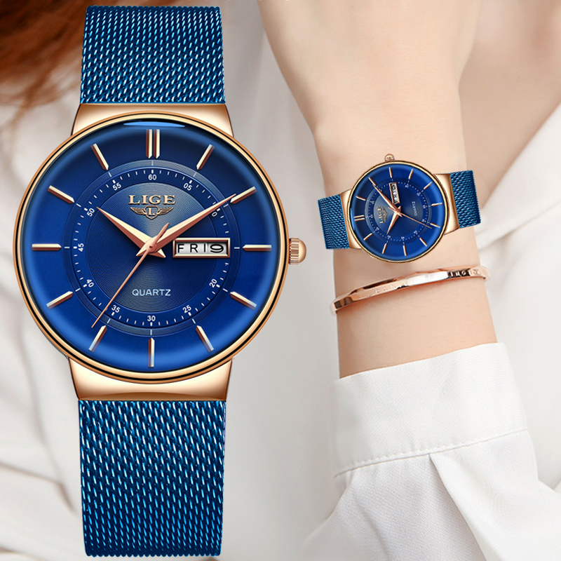 

Women Watches Luxury Brand Ultra-thin Calendar Week Quartz Watch Ladies Mesh Stainless Steel Waterproof Gift reloj muje+Box, S blue
