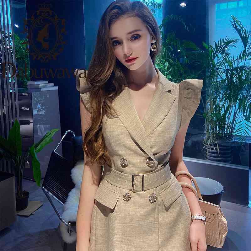 

Dabuwawa Exclusive Summer A-Line Dress Women Ruffle Shoulder Sleeveless Double Breasted Notched Dress Office Lady DO1BDR022 210520, Camel