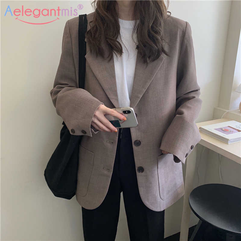 

Aelegantmis Korean Casual Office Lady Blazer Jackets Women Loose Work Suit Coat Vintage Elegant Outwear OL Pockets Chic 210607, As shown