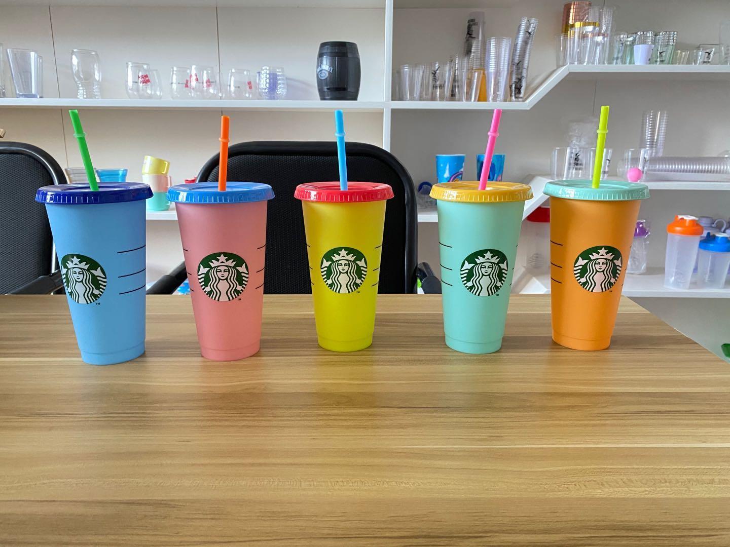 

5pcs per Set 700Ml Plastic Color Chaning Mugs Starbucks Cups Coffee Mug Bottles With Straws Lid Gift Product
