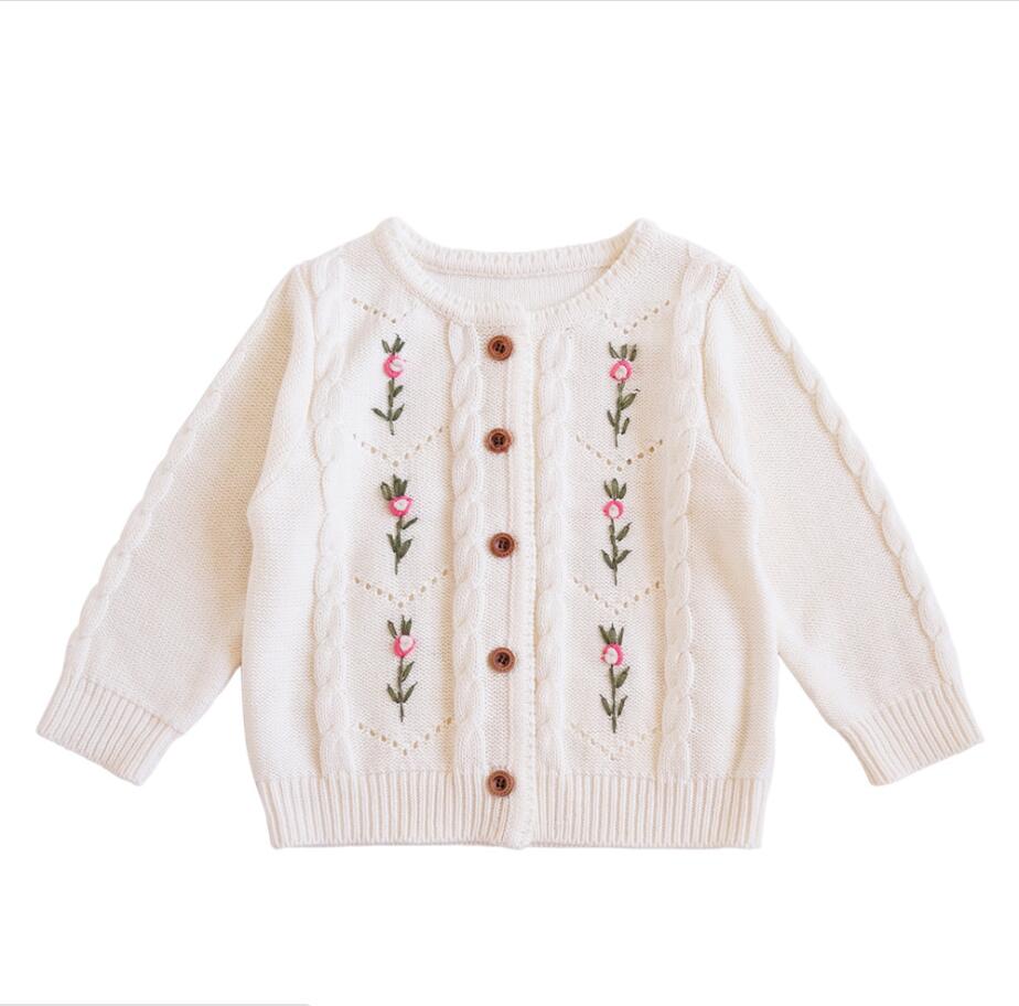 

INS Girl Clothing Knitted Cardigan Long Sleeve Flower Single Breasted Design Sweater 100% cotton Top Winter Warm Clothes, As picture
