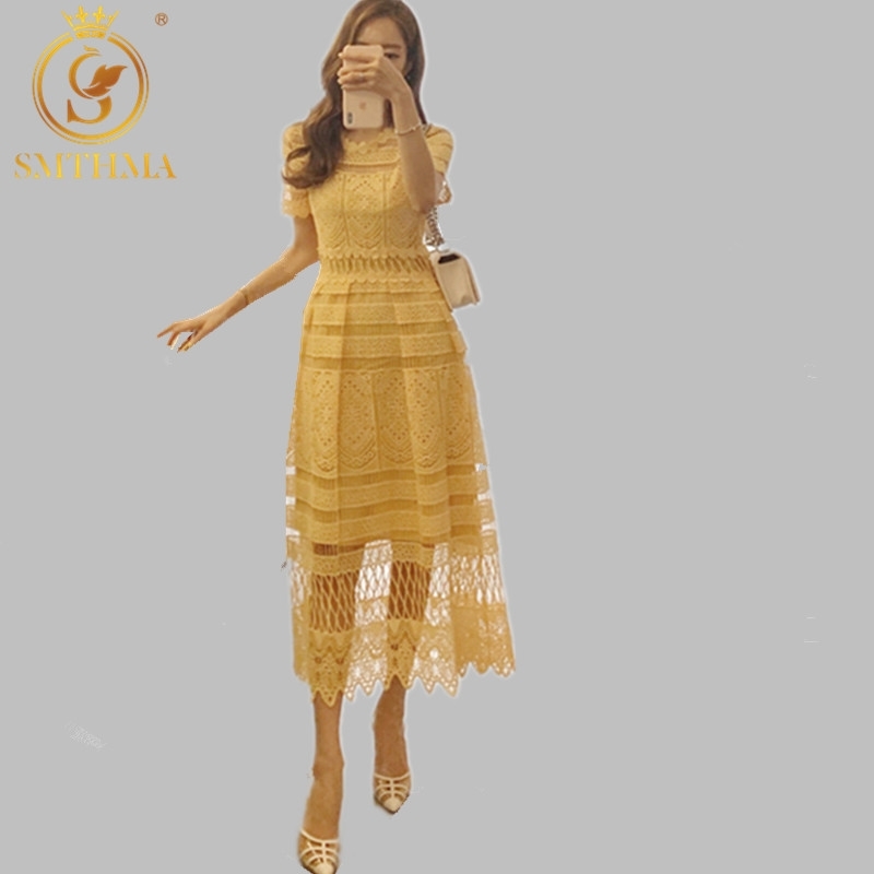 

Fashion Summer Hollow Out Lace Dress Women Short sleeve Holidays Big Swing Long es Casual Sweet yellow Vestidos 210520, Photo color