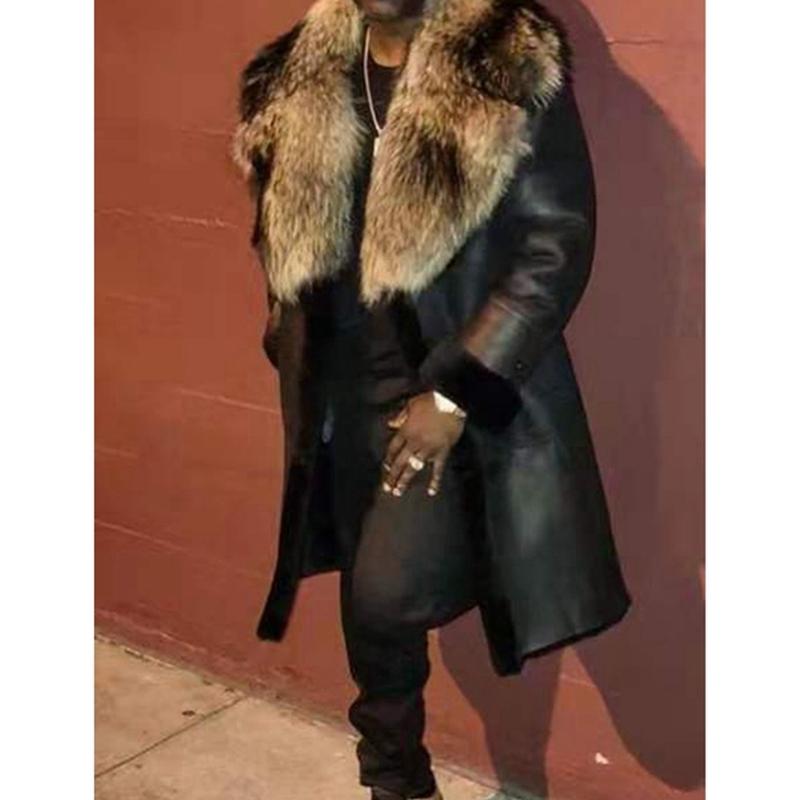 

Men's Fur & Faux Lugentolo Plus Size Leather Coat Men Collar Winter Fashion Lapel Long Sleeve PU Cardigan Casual Mens Jackets, Black