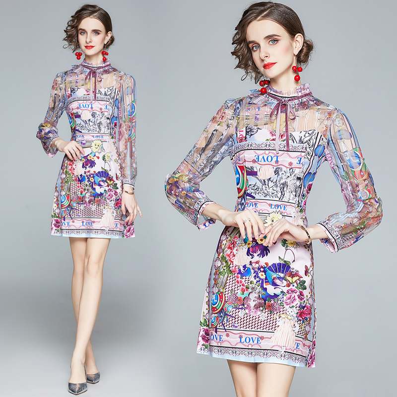 

2021 Fashion Runway Printed A-Line Dress Luxury Designer Long Sleeve Mesh Patchwork Ladies Prom Sexy Slim Bodycon Dresses Office Holiday Sum, Black;gray
