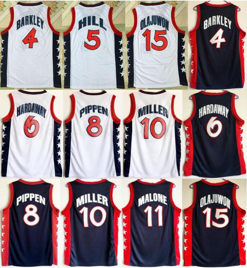 

1996 US Dream Team Basketball Hakeem Olajuwon Jersey Penny Hardaway Charles Barkley Reggie Miller Scottie Pippen Grant Hill Karl Malone Jerseys, As shown in illustration