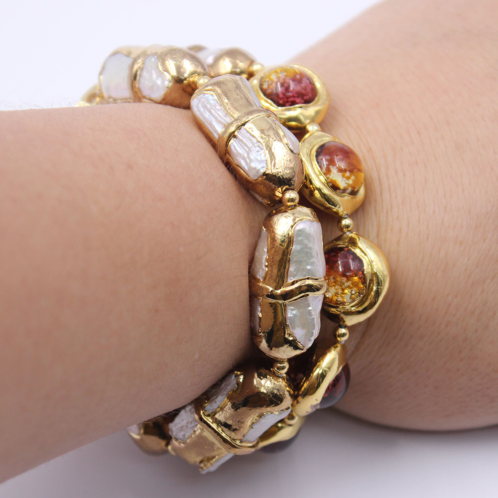 

GuaiGuai Jewelry 2 Rows Cultured Freshwater Biwa Pearl Murano Glass Bracelet Gold Plated CZ Pave Clasp Handmade For Women