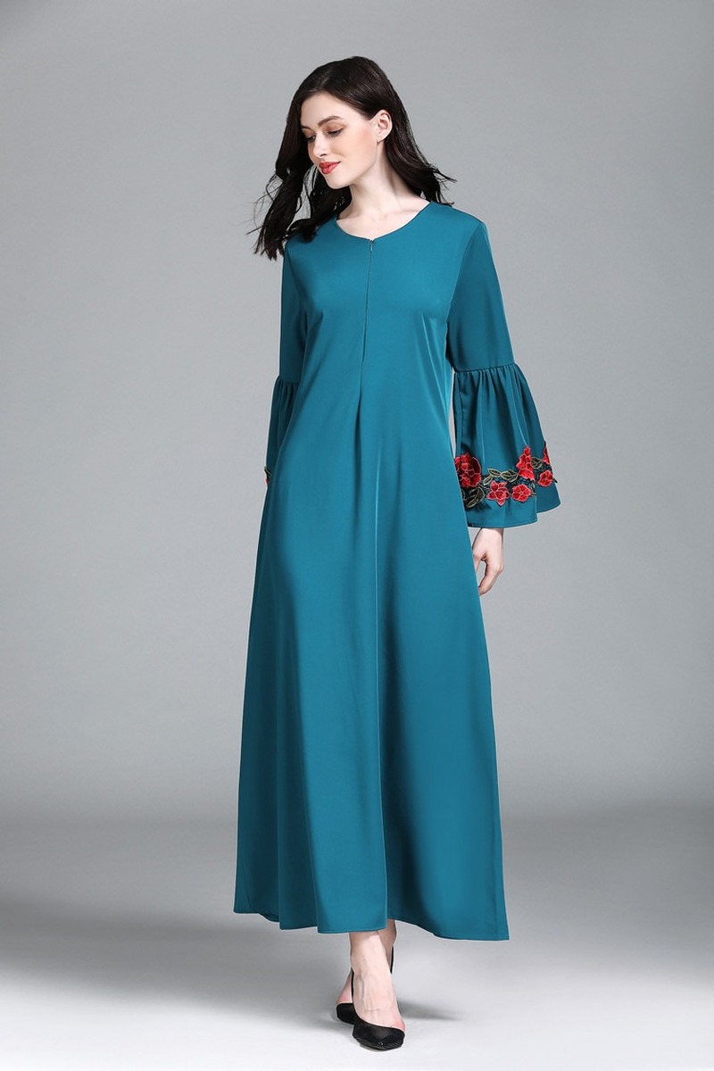 

Muslim Embroidery A-line Abaya Dress Women Floral Zipper Flare Sleeve Hijab Dresses Kaftan Turkish Dubai Arab Islamic Clothing
