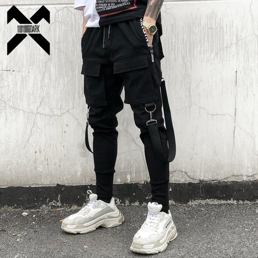 

streetwear pencil jogger women pant elastic waist ribbon hip hop haran multi pocket black trousers male dg55