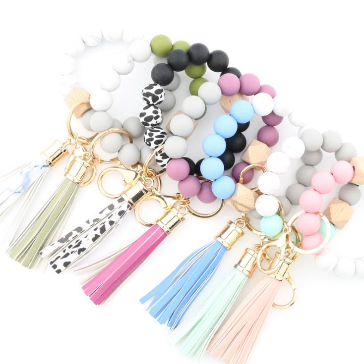 

Party Favor Silicone Bead Bracelets Beech Tassel Key Chain Pendant Leather Bracelet Women's Jewelry 14 Style DB702