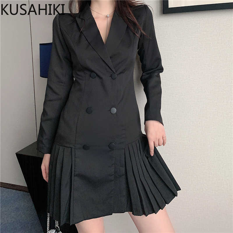 

Korean Elegant Notched Collar Women Black Dresses Long Sleeve Double Breasted Spring Dress Vestidos 6E964 210603