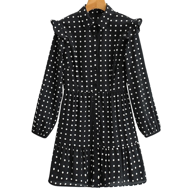 

Summer Women Mini Dress Ladies' Turn-down Collar Long Sleeve Polka Dot Dresses Female Streetwear 210524, Black