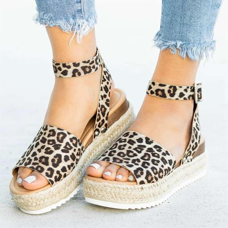 

Dress Shoes COZOK Large Size Rope Braided Women Sandals Leopard Print Thick-Soled Fish Mouth Buckle Increased Leisure Comfortable, Brown