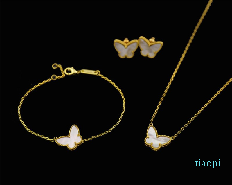 

18K Gold Fashion Classic Sweet 4/Four Leaf Clover Butterfly Bracelet Earrings Necklace Jewelry Set for S925 Silver Van Women&Girls Wedd, White-gold
