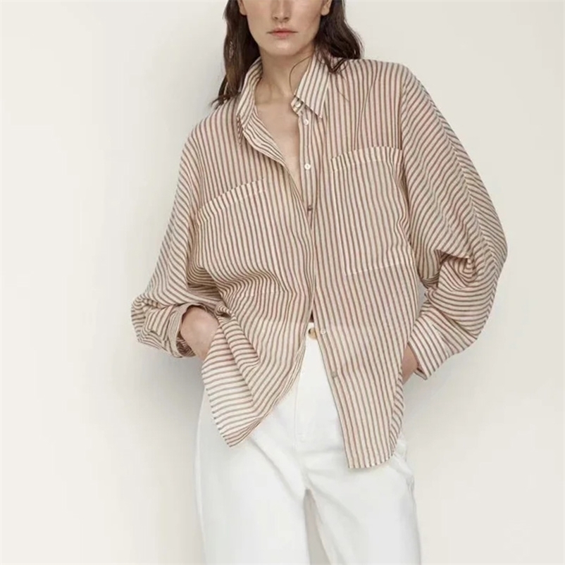 

Women spring summer blouses shirt style cotton casual striped shirts 210524, Khaki