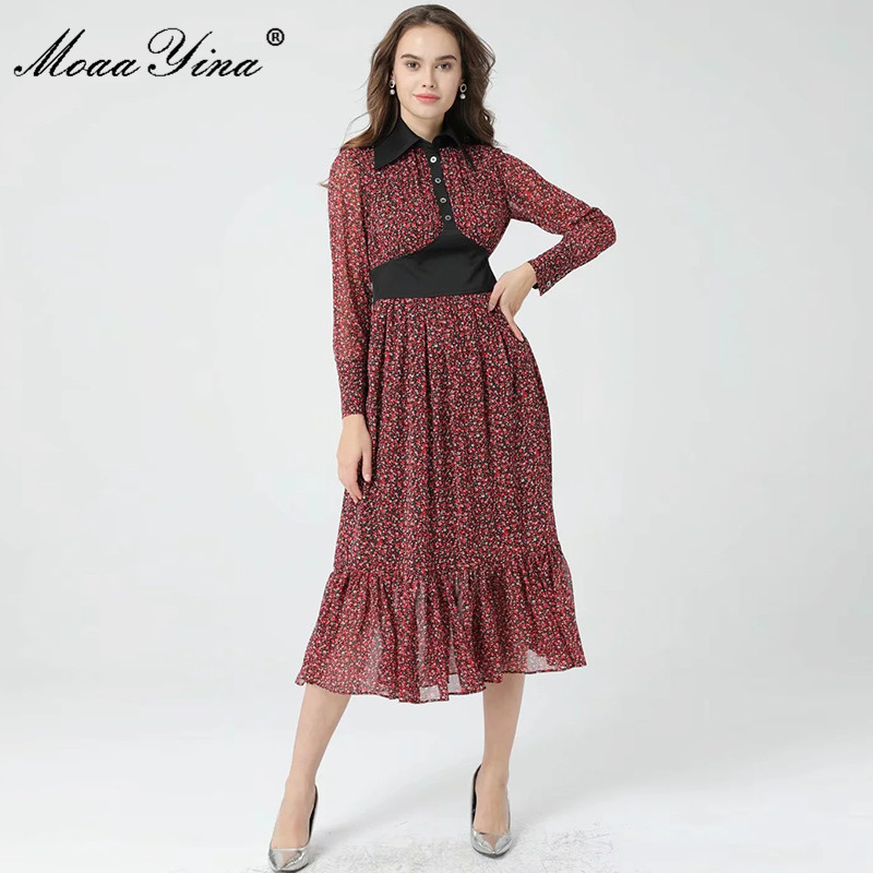 

Spring Fashion Elegant French Vintage Dress Lady Turn-down Collar Long sleeve Floral print Romantic 210524, Burgundy
