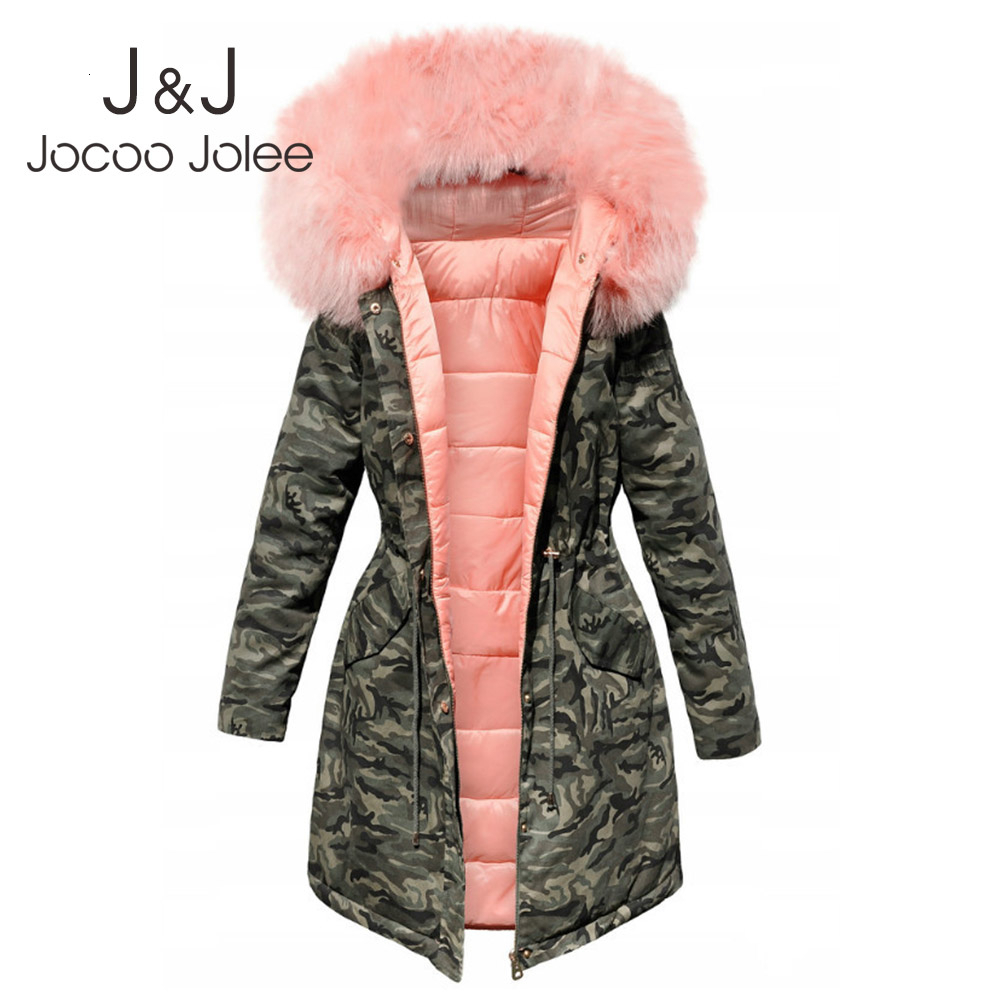 

Jocoo Jolee Women Camouflage Coat Winter Jacket Hooded Parkas Fur Collar Cotton Padded Jacket Drawstring Waist Slim Parka 210518, Pink