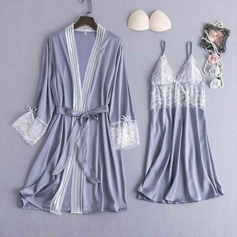 

Satin Female Kimono Gown Set Sleepwear Lace Sexy Bride Bridesmaid Wedding Robe Nightwear Homewear Bathrobe Nightgown, Black;red