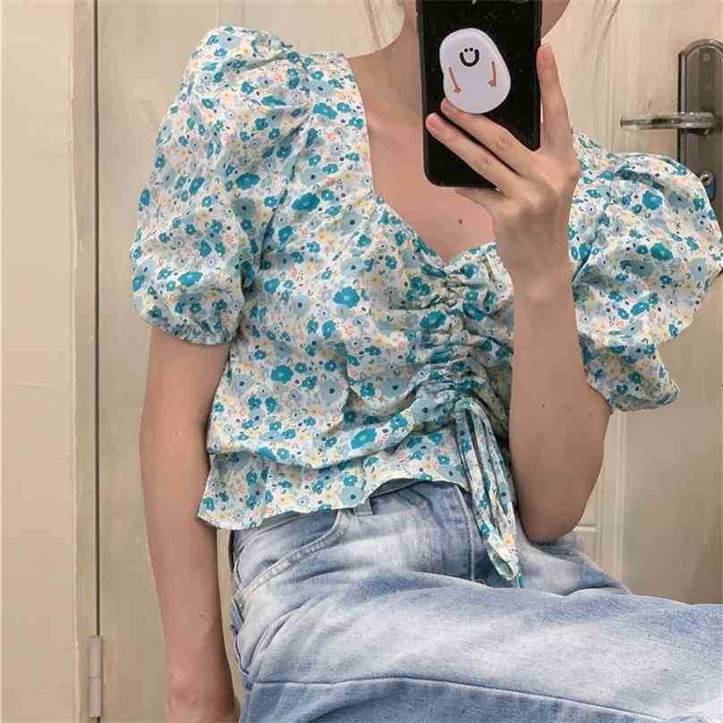 

Summer Short Blouse Floral Printing Party Shirring Chic Square Collar Elegant All Match Prom Shirts Tops 210525, Photo color