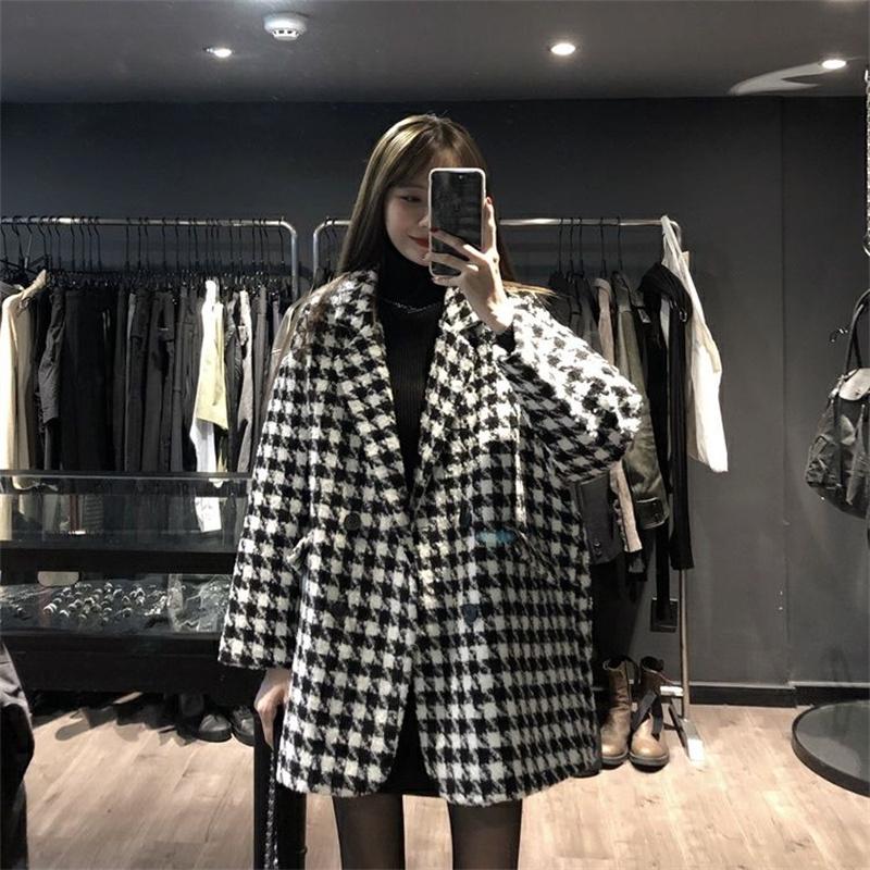 

Women' Wool & Blends Winter Women Woolen Lattice Coat Fashion Loose Large Size Casual Long-sleeved Lapel Long Female Overcoat, Black