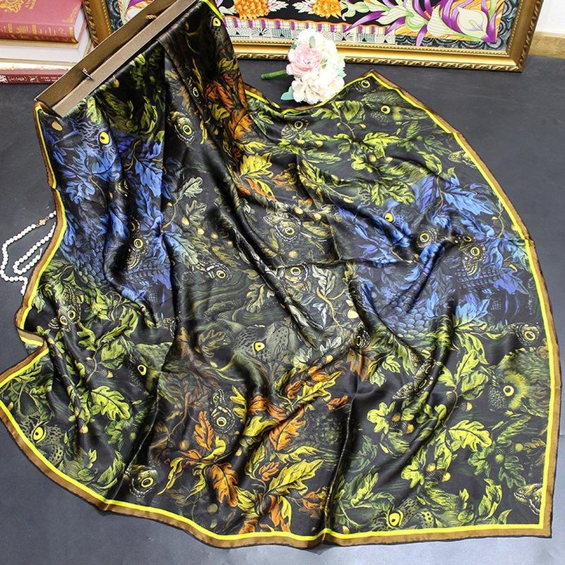 

Scarves High-end Elegant Women's Exquisite "Night Guest" Printed Quality Plain Crepe Satin Silk Hand-rolled Edge Versatile Scarf Shawls