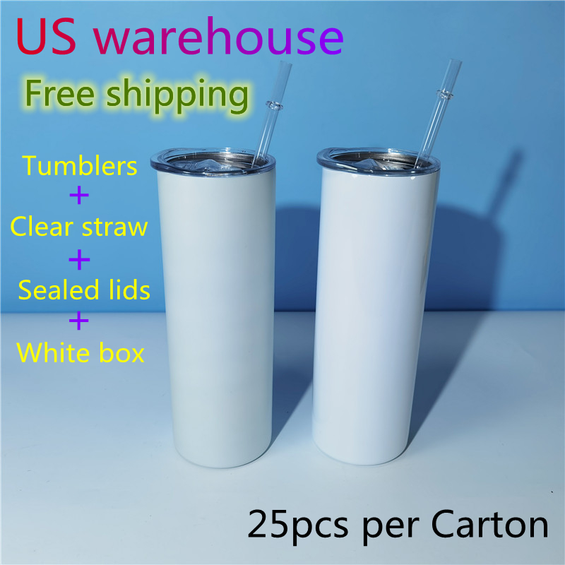 

Local Warehouse 20oz Straight Sublimation Tumblers Clear Straws and sealed lids Stainless Steel Glossy blank white Double wall Vacuum Insulated water cup, 20oz white (25pcs per carton)