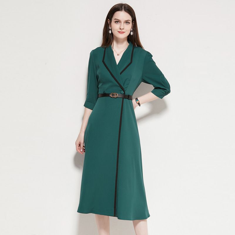 

Autumn and Winter Women's Trench Dress Pure Colour Notched Collar 3/4 Long Sleeve A Dresses with Belt Sliming Vestidos, Black;gray