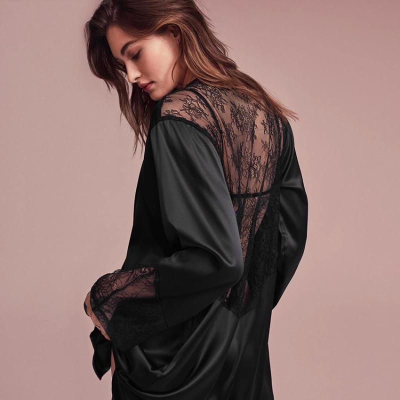 

Women' Sleepwear Mnealways18 Black Lace Satin Robe Home Silk Bathrobe Women Long Sleeve Patchwork Robes Sexy Night Wear Ladies Spring Homewear Sleepw E3M8