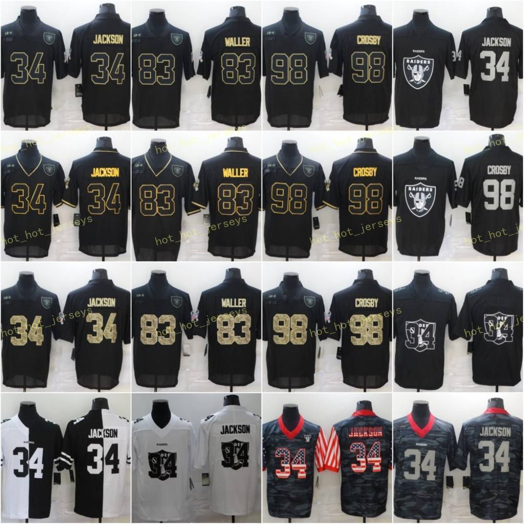 

34 Bo Jackson Football Jersey 2020 Salute To Service Limited Laz Vegaz Ralders 83 Darren Waller 98 Maxx Crosby Black White, Black;red