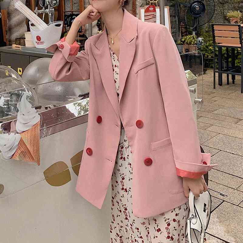 

Spring Fashion Sweet Fresh Button Design Blazers Women Casual Loose Soft Coats Elegant Temperament Office Lady Tops 210525, Pink