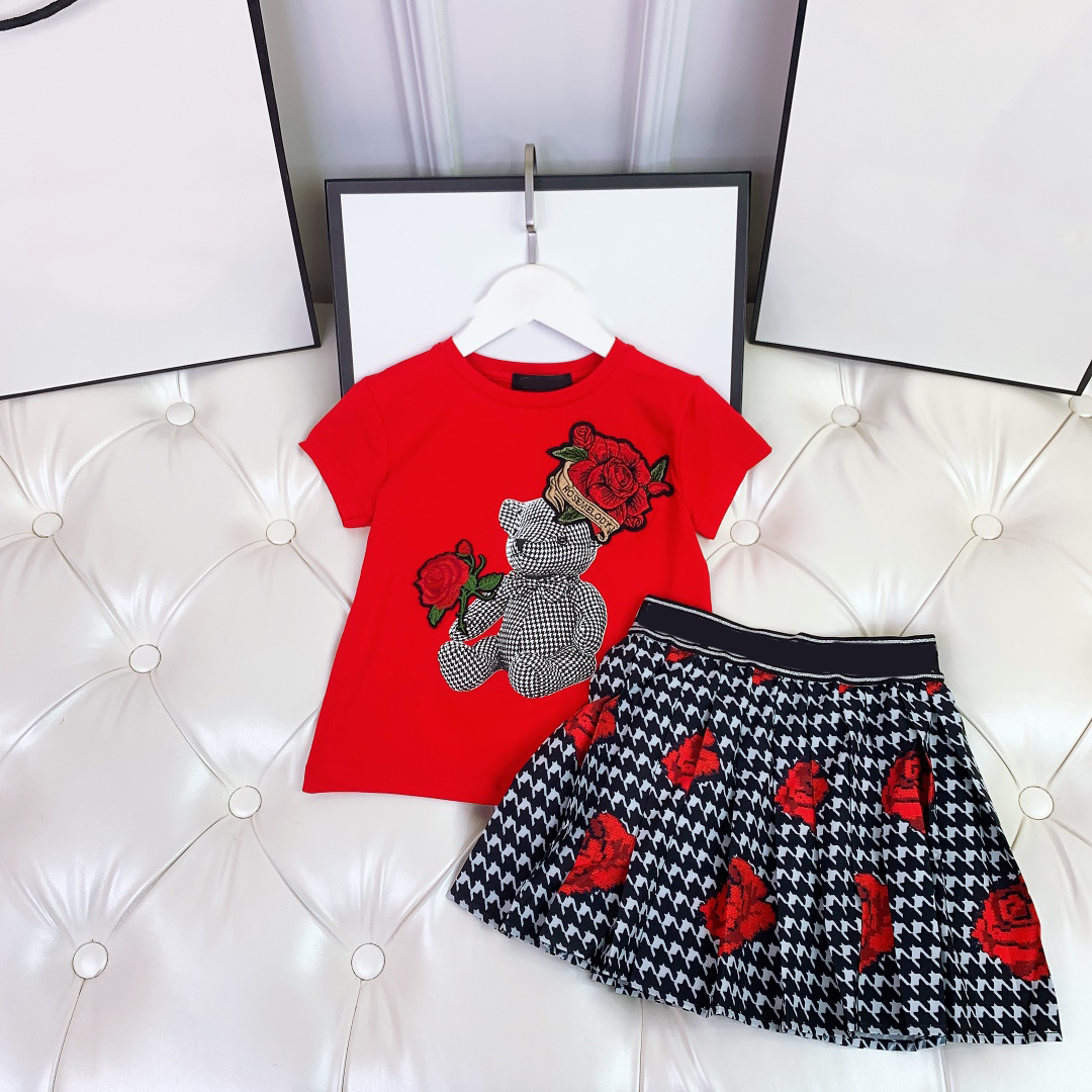 

designer kids clothing red t-shirt+ skirt 2pics sets children's wear girls summer cotton short sleeve shirt size 100-150 rose flower design