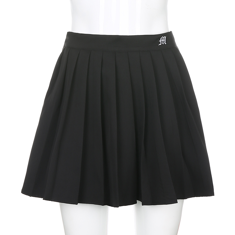 

2021waatfaak white pleated skirt short woman elastic waist mini skirts mircro summer embroidery mini tennis skirt new preppy, Black
