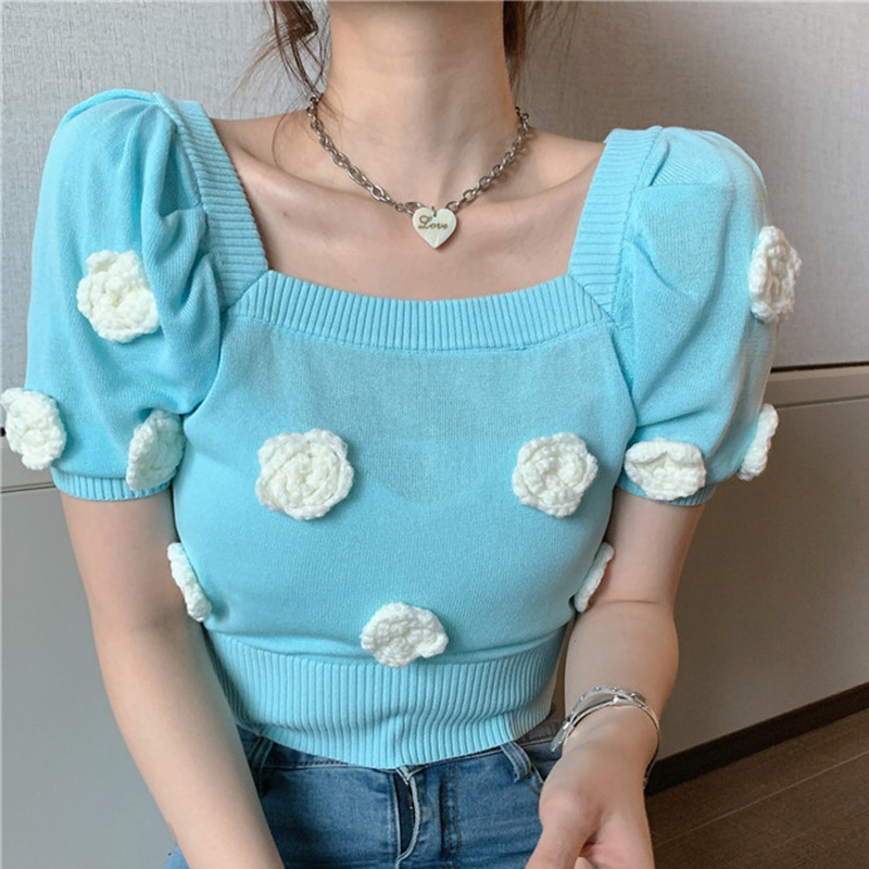 

Lucyever Elegant Puff Short Sleeve Women T Shirts Summer Fashion Slim Fit Floral Square Collar Tees Casual Solid Chic Woman Tops 210521, Blue