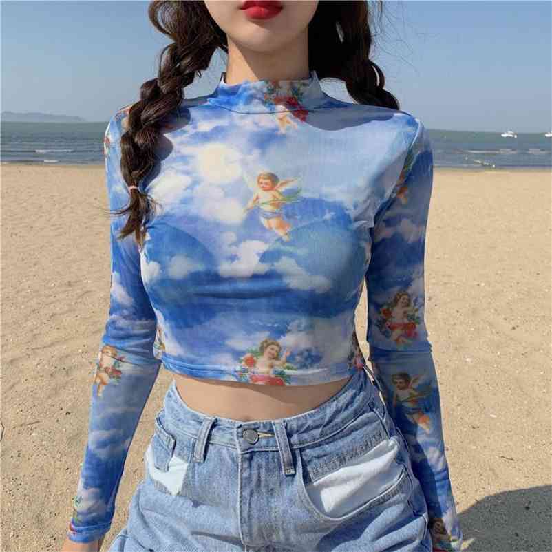 

Angel Print Sheer Blue Black Mesh Long Sleeve Blouse Shirts Women Summer Autumn Pullovers Elegant Sexy See Through Tops 210517, Sky blue