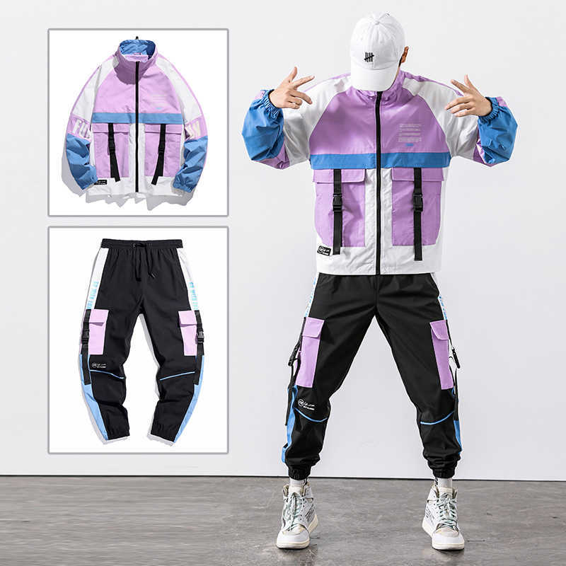 

2021 Hip Hop Workwear jacket Mens Tracksuit Jacket+Pants 2PC Sets baseball loose Zipper Ribbons Coat & Long Pants Mens Clothes X0601, Purple