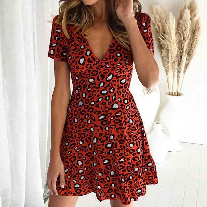 

Womens Dress Fashion Sexy V-neck Leopard Print Short Sleeve Dress Different Colors Available 50, Black;gray