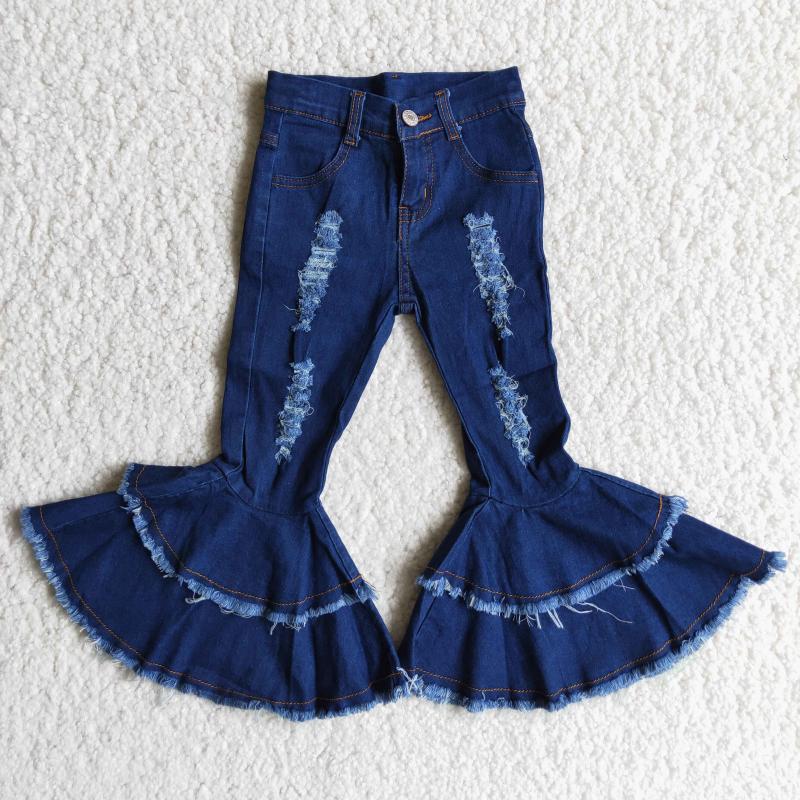 

Jeans Children's Baby Girl's Dark Blue Double-layer Bell Bottom Ripped, As picture