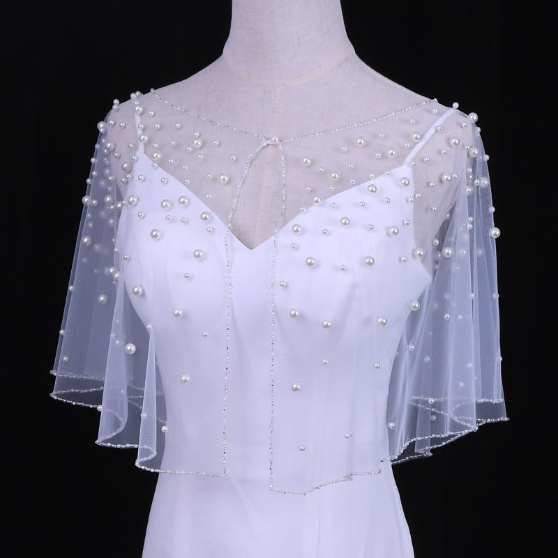 

Bridal Veils Handmde Wedding Shawl Wrap Pearls Cape Accessories Cloak Short Women Party Evening, Off white-veil