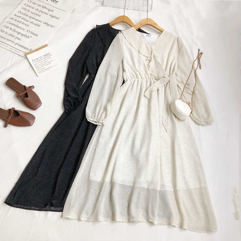 

LY VAREY LIN Spring Autumn Women V-neck Polka Dot Long Sleeve Dress Chiffon Bandage Waist Medium Length 210526, Black