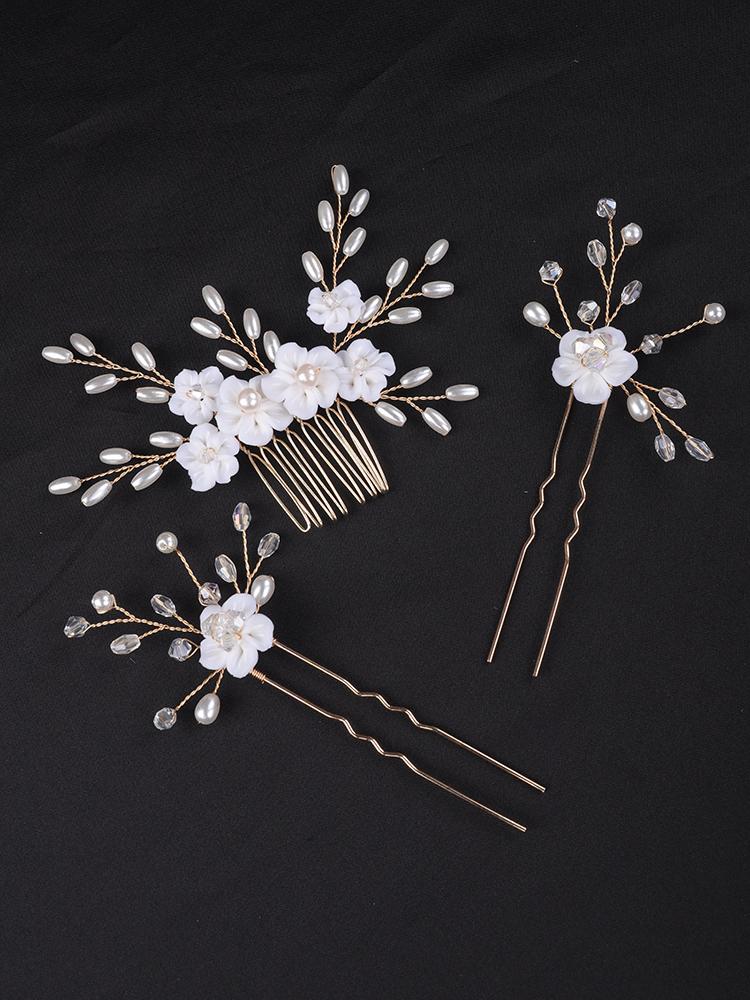 

Headpieces White Flower Hair Comb And Hairpins Gold Handmade Bridal Head Jewelry Sets Prom Wedding Accessories Bride Headdress